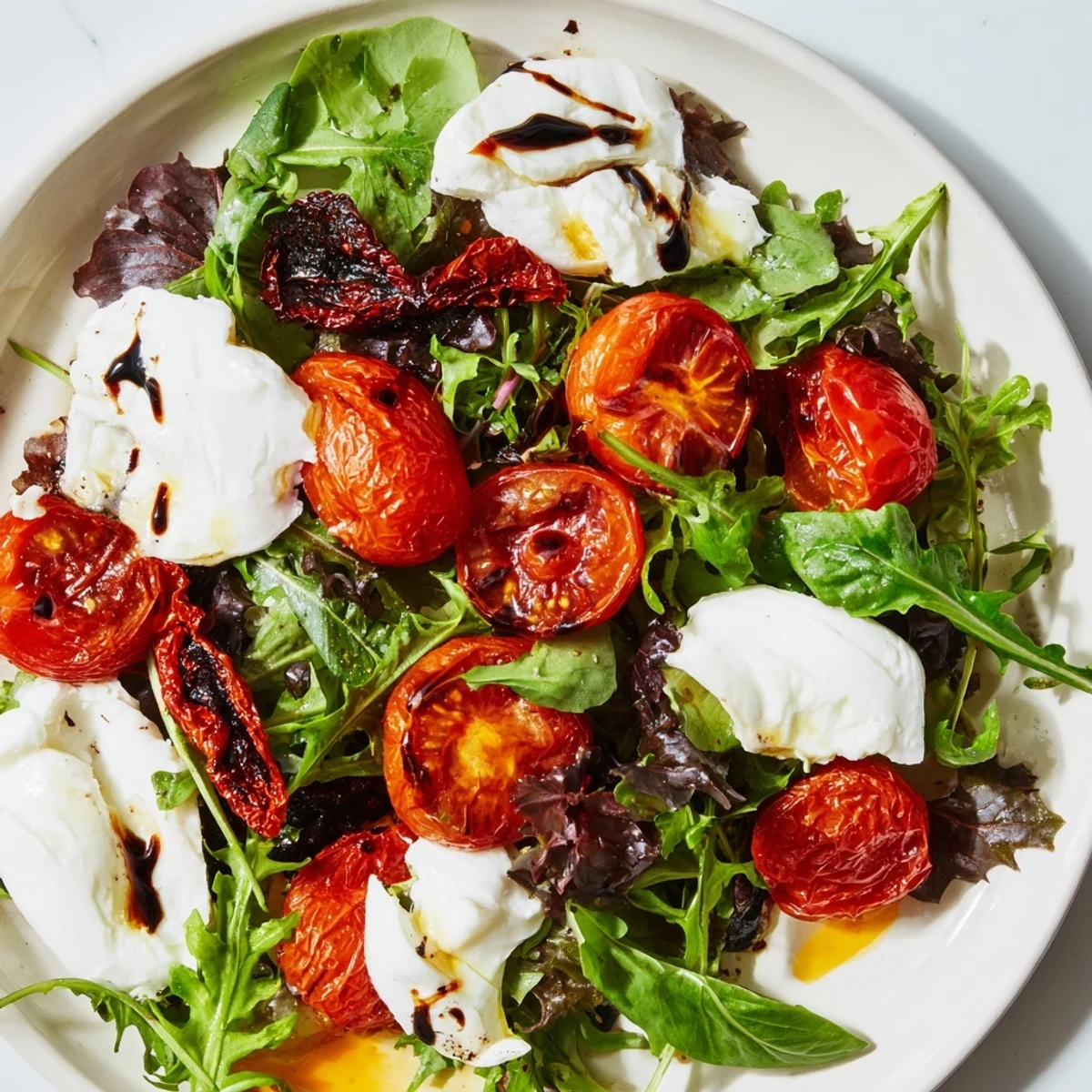 Fresh, vibrant Tomato Flight Salad featuring roasted tomatoes, creamy burrata, and basil with rich dressing.
