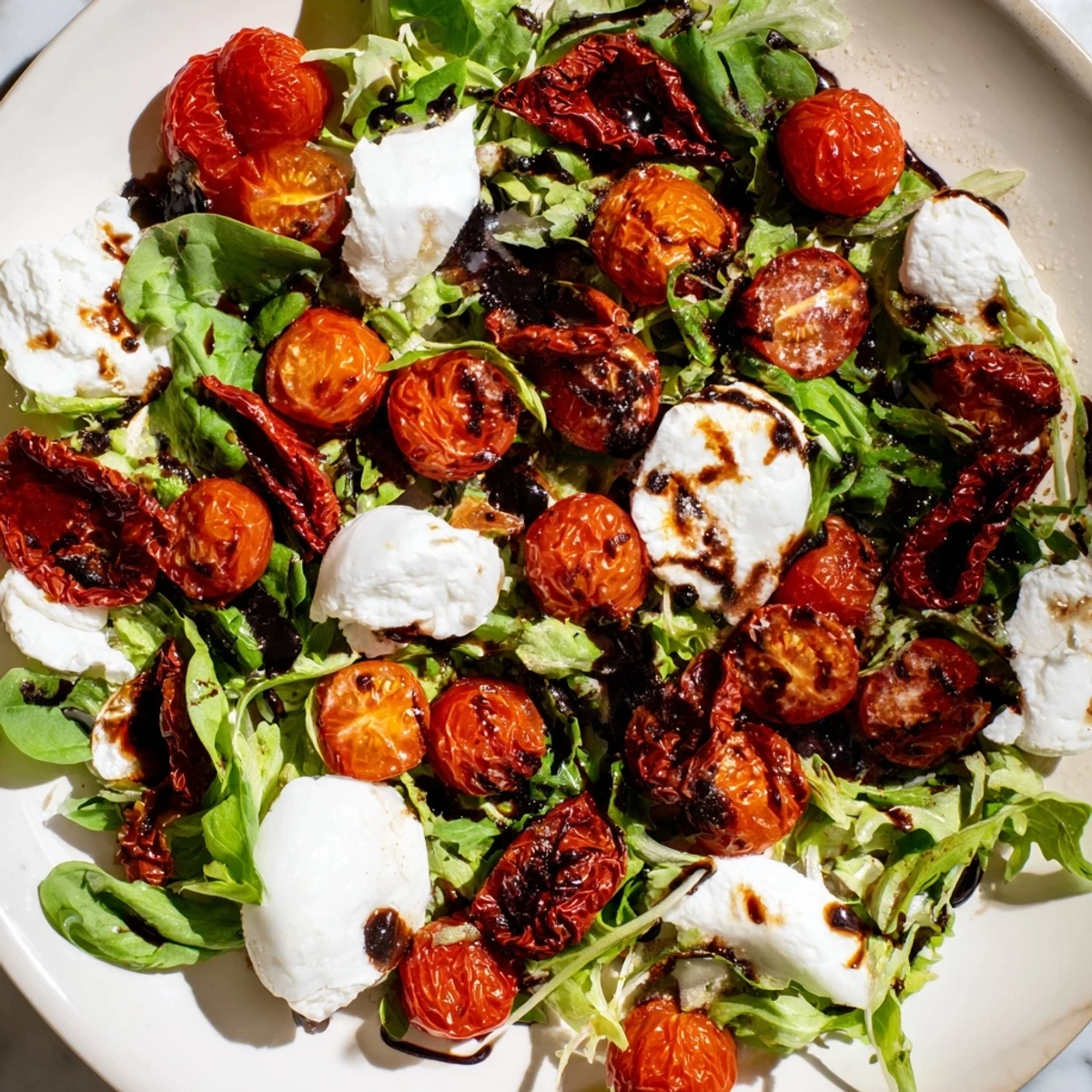 A colorful top-down shot of Tomato Flight Salad with its various tomatoes and burrata cheese ready to eat.