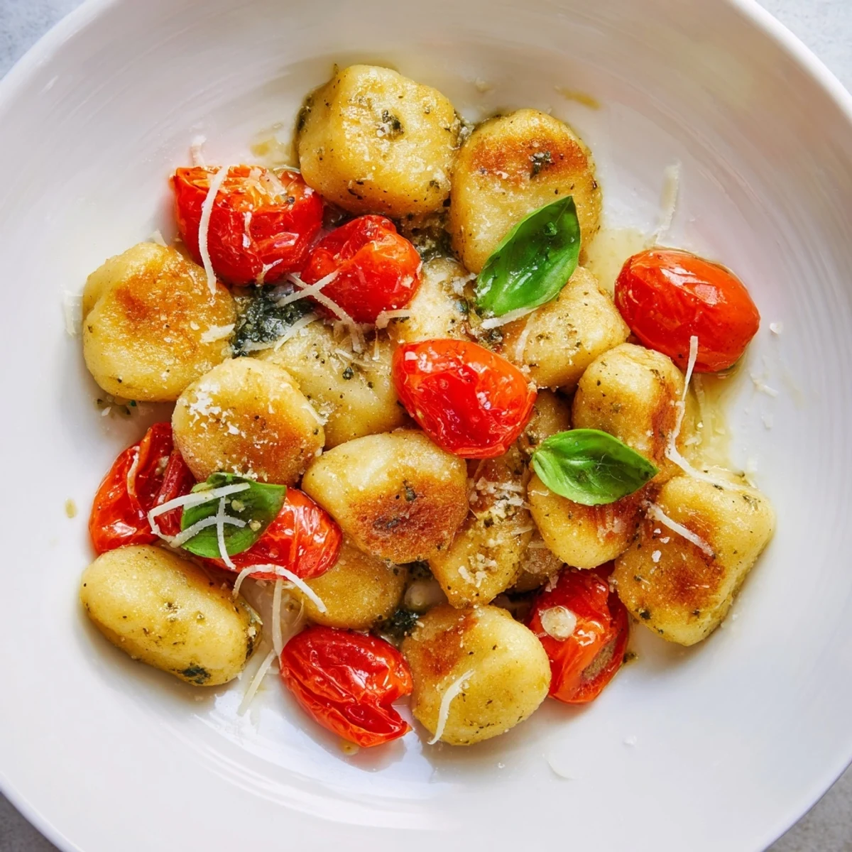 Golden, crispy gnocchi with vibrant pesto, glistening cherry tomatoes, a truly delicious vegetarian delight.
