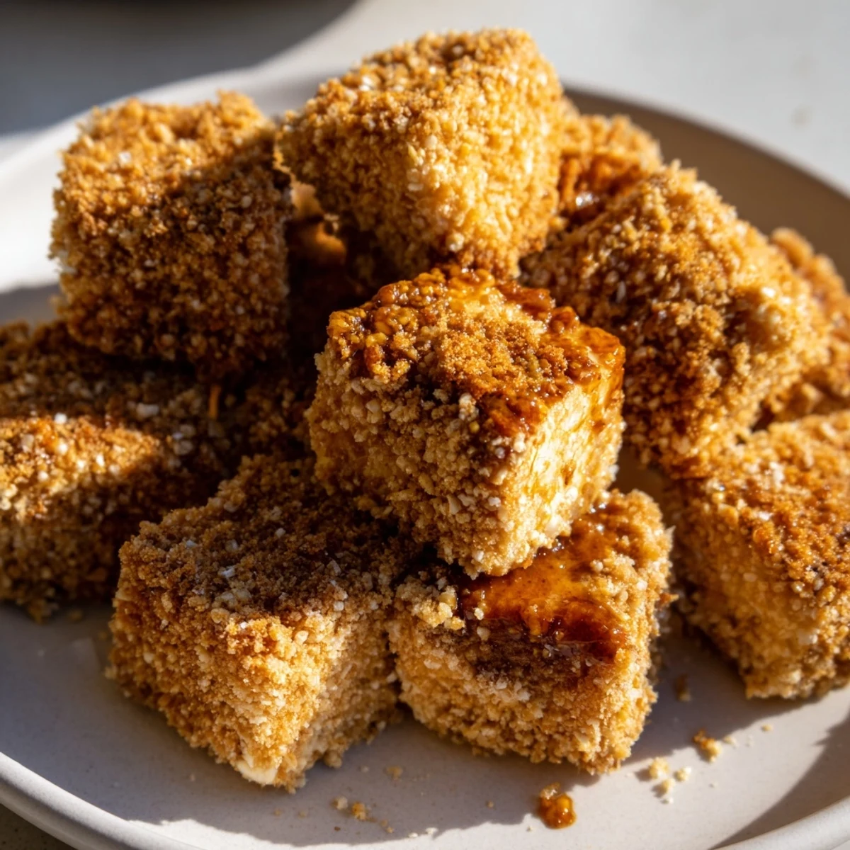 Close-up of freshly cooked crispy tofu nuggets: a perfect plant-based snack ready to be enjoyed.