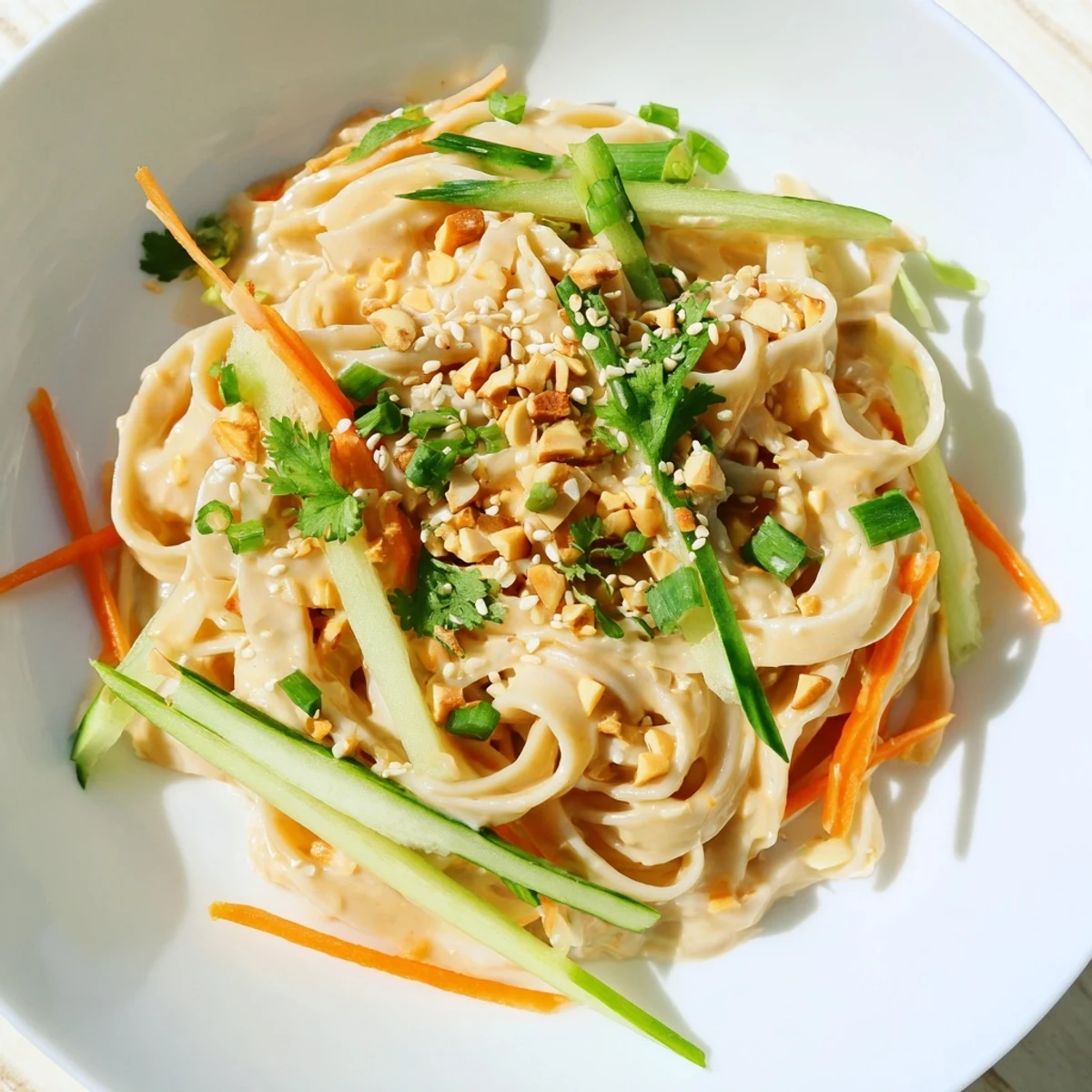 Cold sesame noodles bowl, vibrant with julienned carrots and cucumber, ready to slurp and enjoy.
