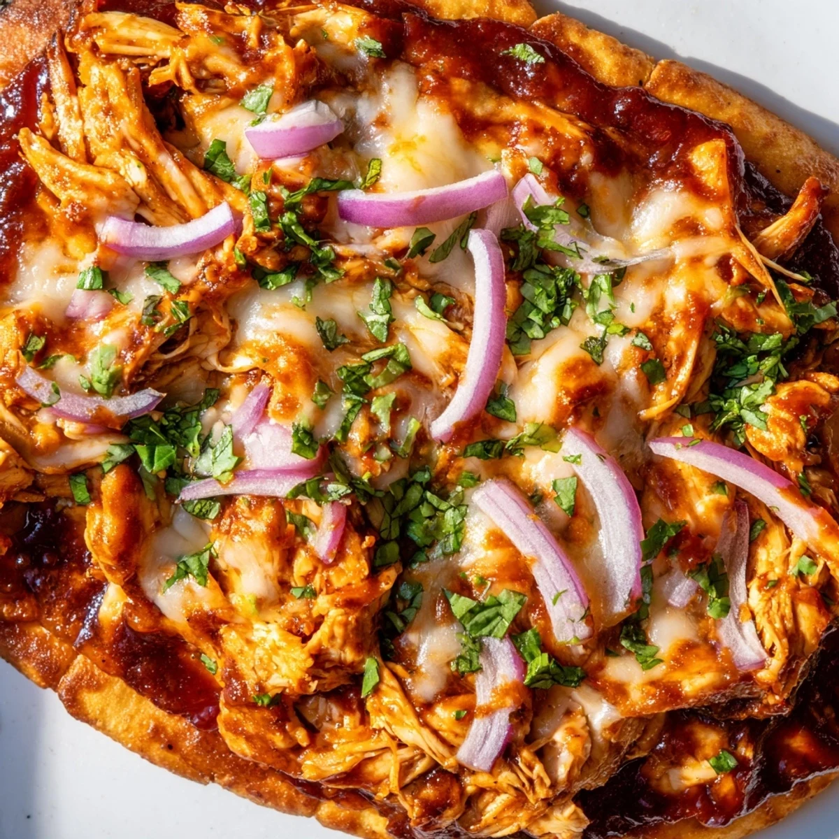Golden, bubbly BBQ Chicken Flatbread with melty cheese, perfect for a flavorful weeknight meal.