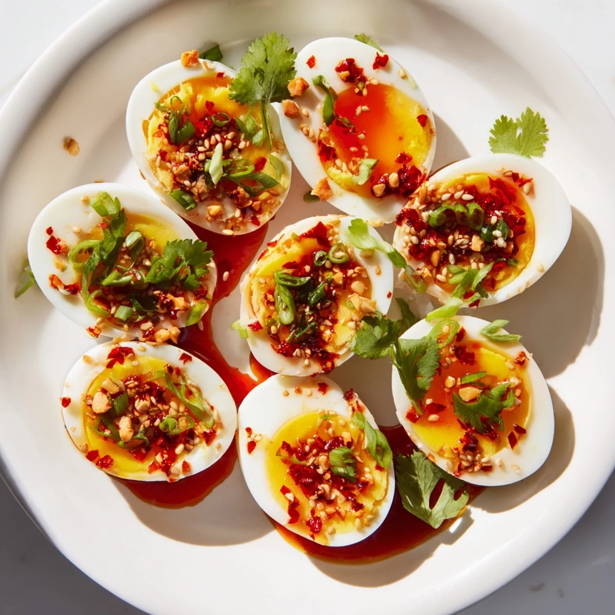 A plate of Chili Oil Eggs: jammy eggs coated in a flavorful, sesame-studded chili oil.