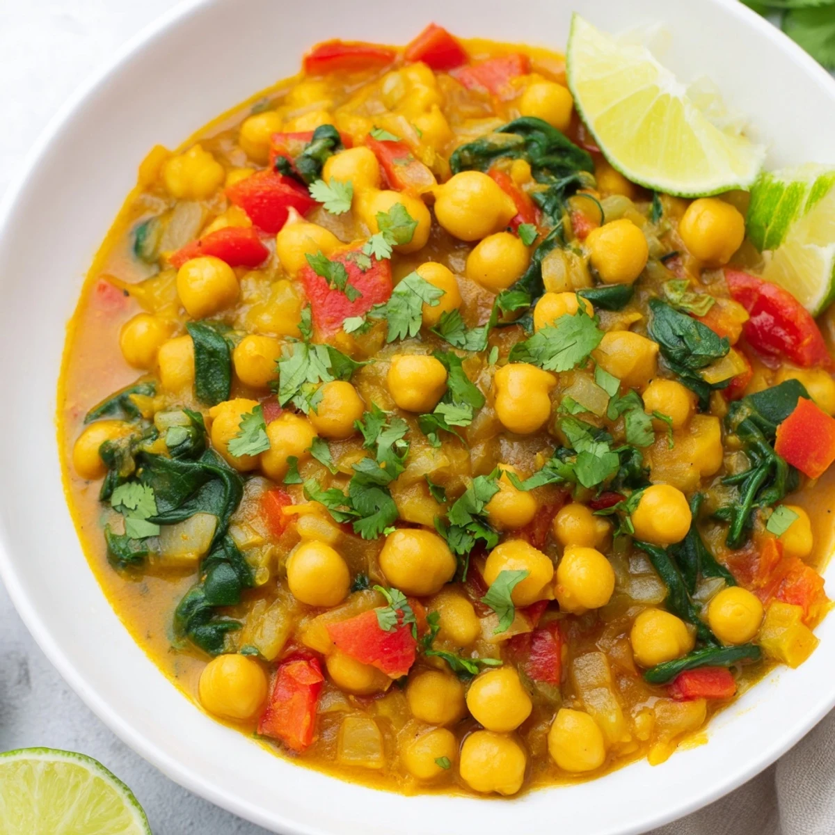Steaming Chickpea Curry in a pot, served with fresh cilantro and a wedge of lime.