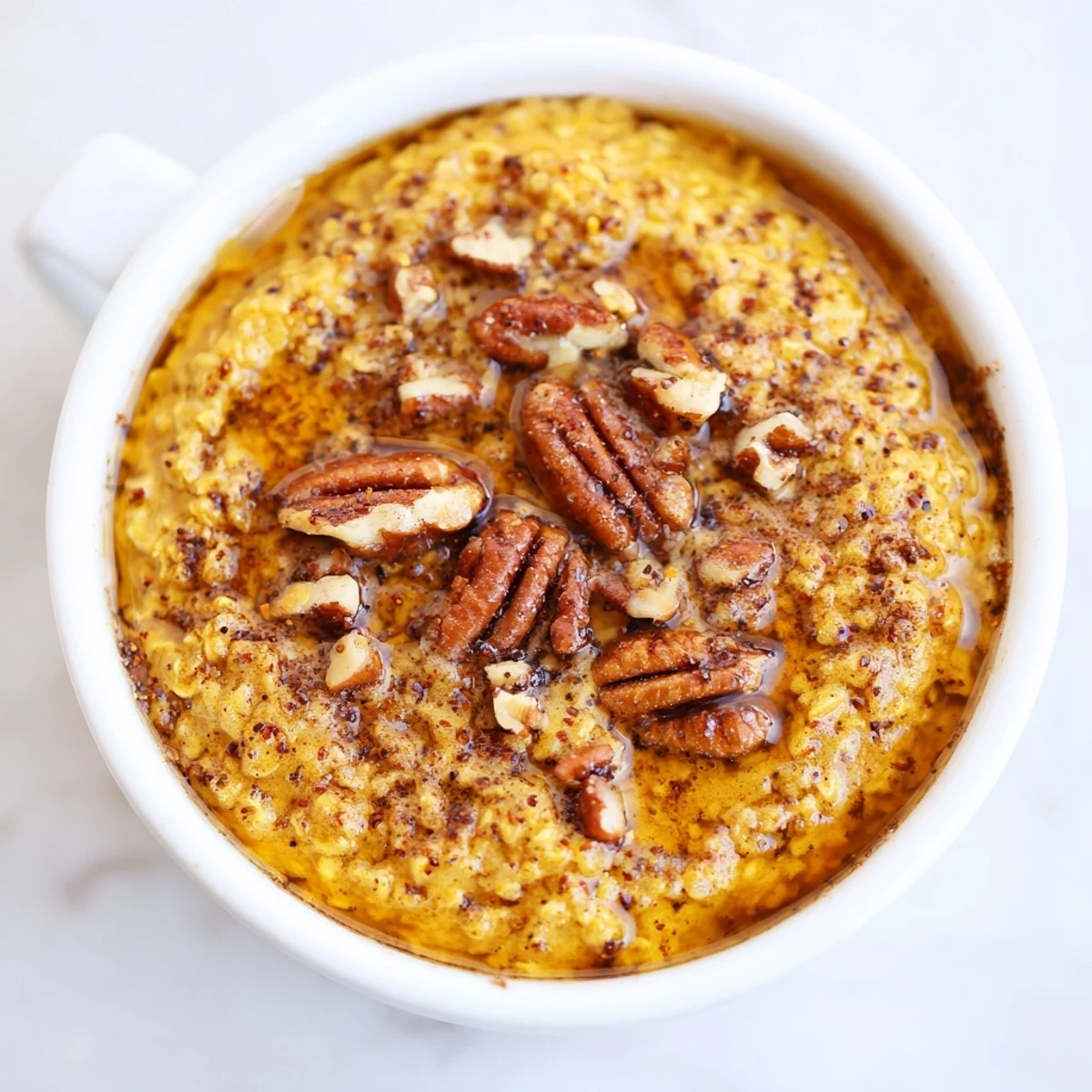 A baked ramekin of warm Pumpkin Spice Baked Oats, ready to eat with a swirl of maple syrup.