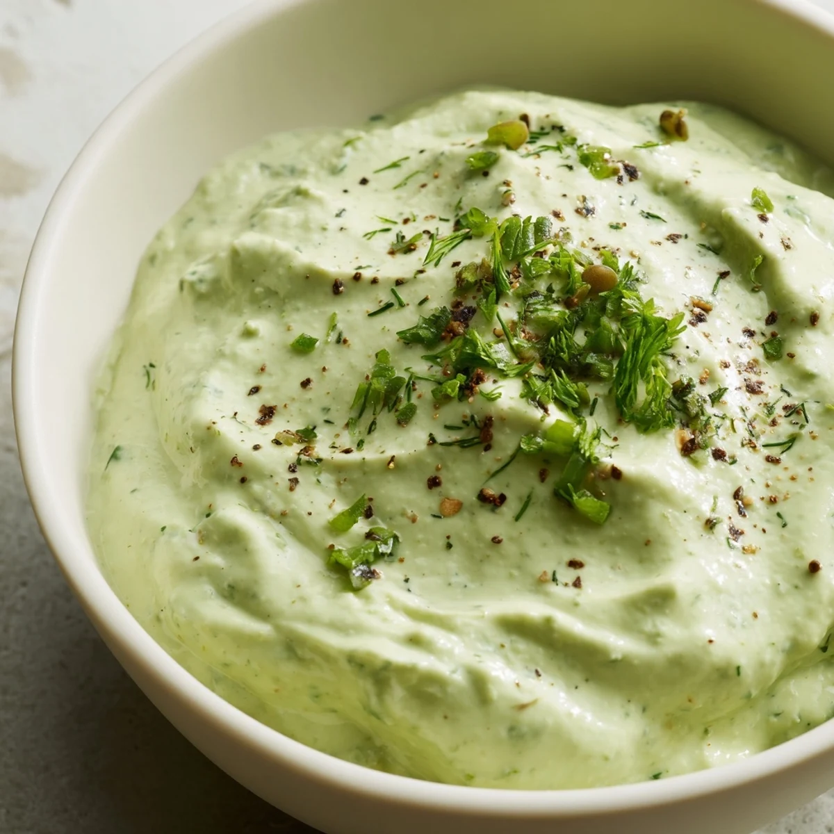 Vivid green Green Goddess Dip, a creamy, herb-packed dip ready for dipping crunchy veggies.
