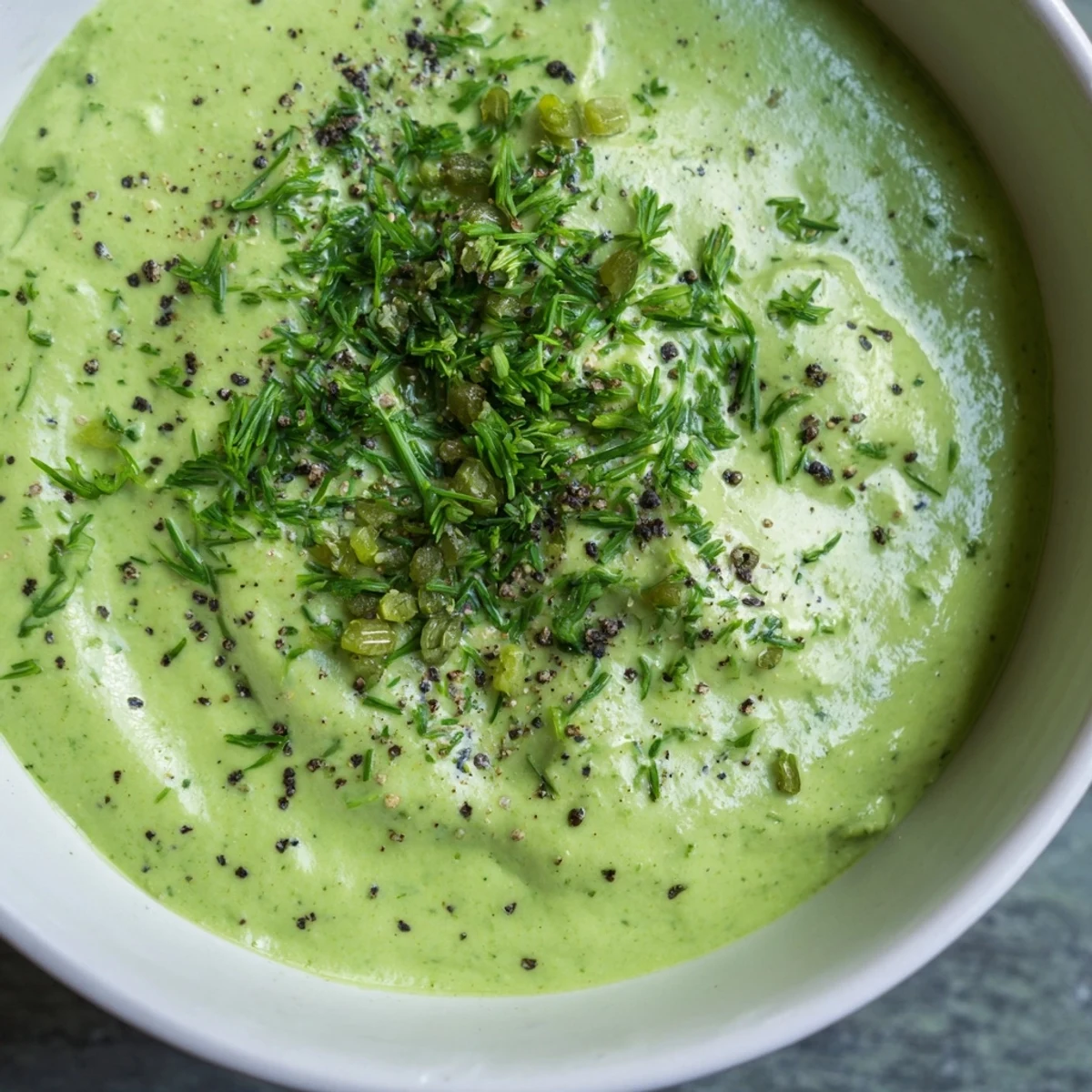 Freshly blended Green Goddess Dip, featuring a swirl of herbs, perfect served with tortilla chips.