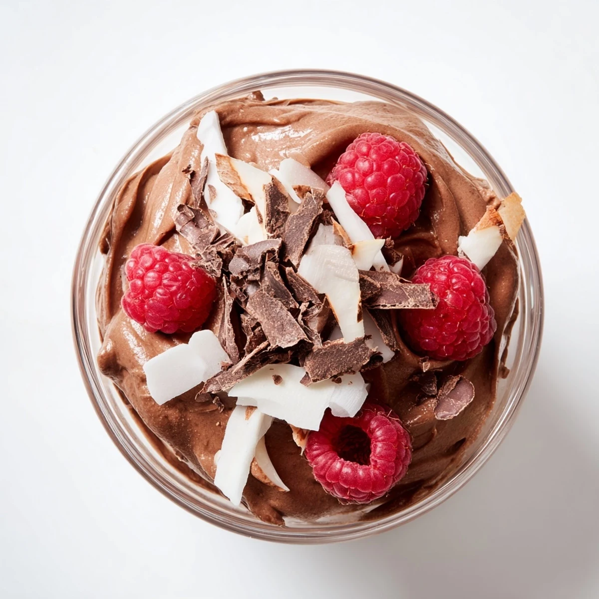 A decadent bowl of creamy chocolate avocado mousse, topped with fresh raspberries, ready to eat.