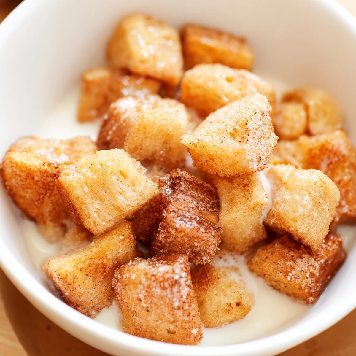 Golden, crispy French Toast Cereal, dusted with cinnamon sugar, ready to be enjoyed with milk.