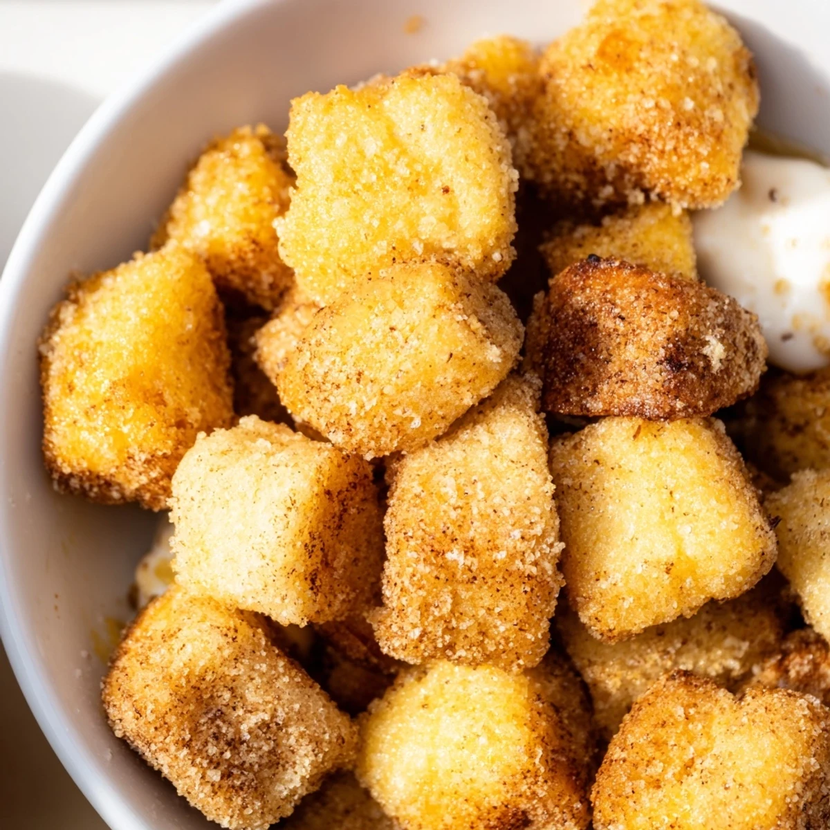 Bite-sized French Toast Cereal in a bowl, a fun and easy breakfast with sweet cinnamon flavor.