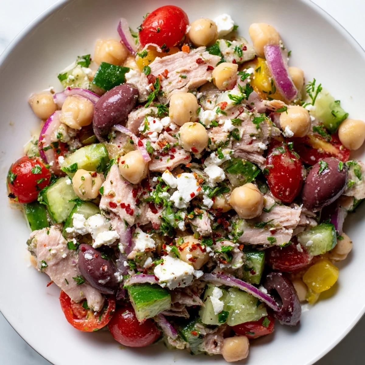 Tuna Chickpea Salad, a refreshing bowl with bright tomatoes and creamy chickpeas ready to eat.