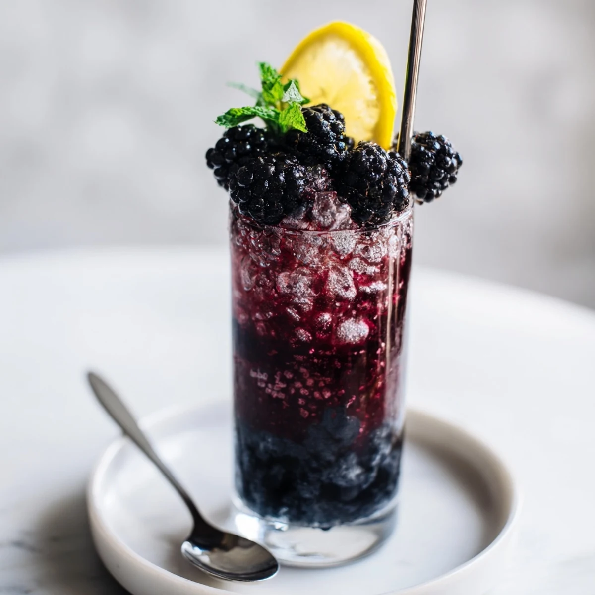 Dark Matter Mocktail elegantly layered with blackberry syrup and charcoal base, perfect for Halloween or parties.