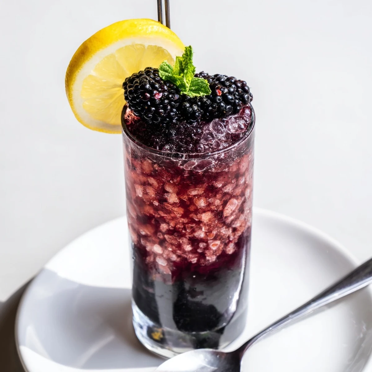 This Dark Matter Mocktail features a dramatic black charcoal base with vibrant blackberry syrup swirls and ice.