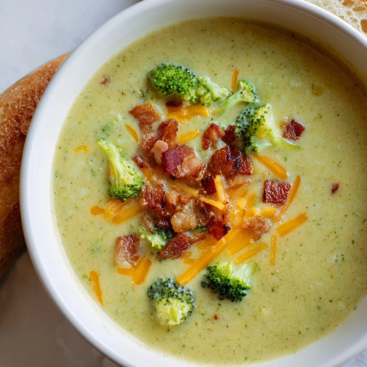 A steaming bowl of Broccoli Cheddar Soup with golden, buttered bread, perfect for a cold day.