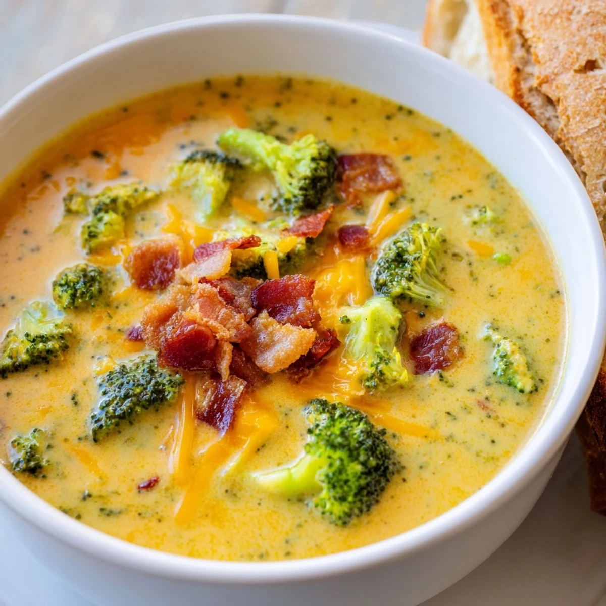 Imagine a vibrant bowl of Broccoli Cheddar Soup with melted cheese and crispy bacon.