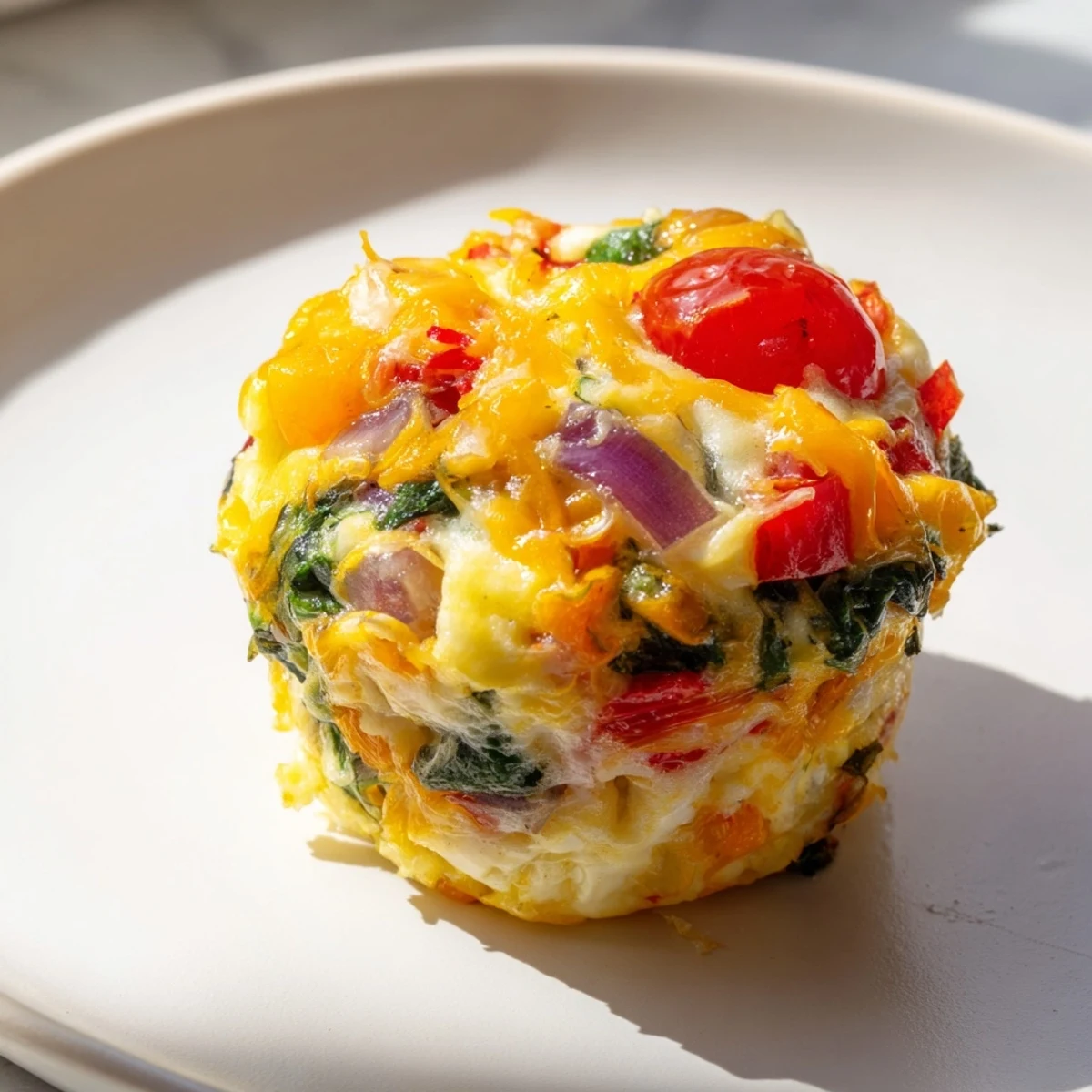 Golden-topped customizable egg muffins, speckled with colorful veggies and melted cheese, ready to eat.