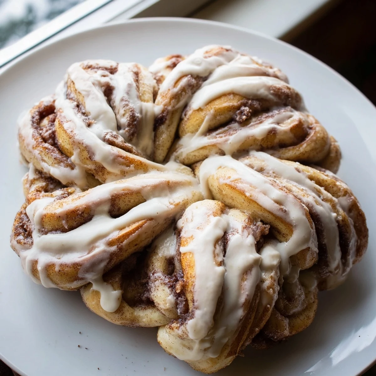 Fluffy cinnamon roll snowflake, swirled with cinnamon sugar and baked to golden perfection, ready to pull apart.