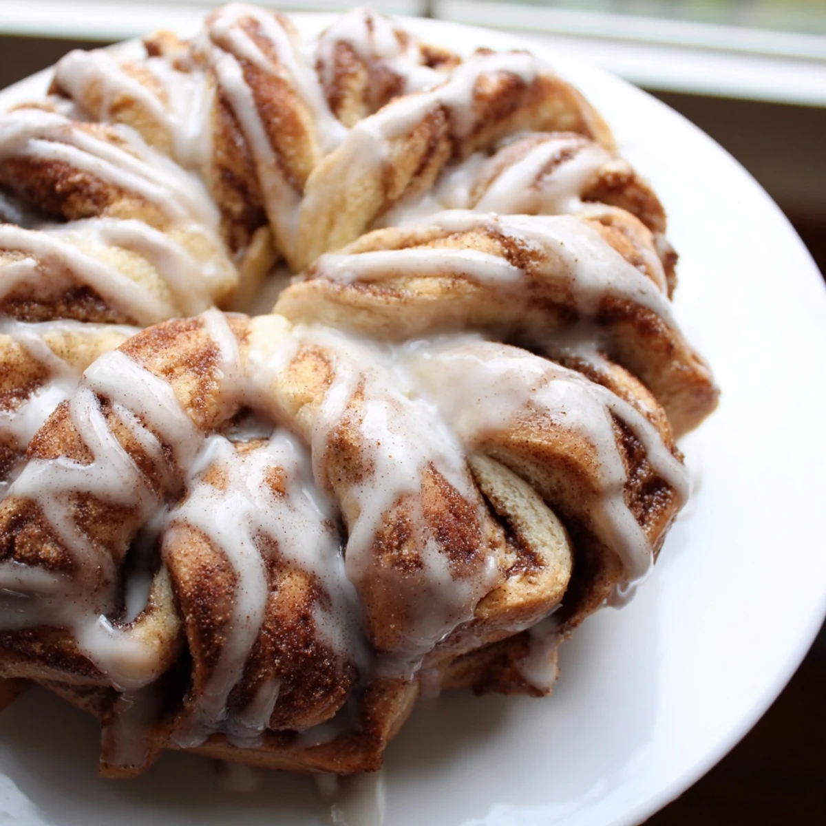 Warm, soft cinnamon roll snowflake, a beautiful holiday breakfast with sweet vanilla icing drizzled all over.