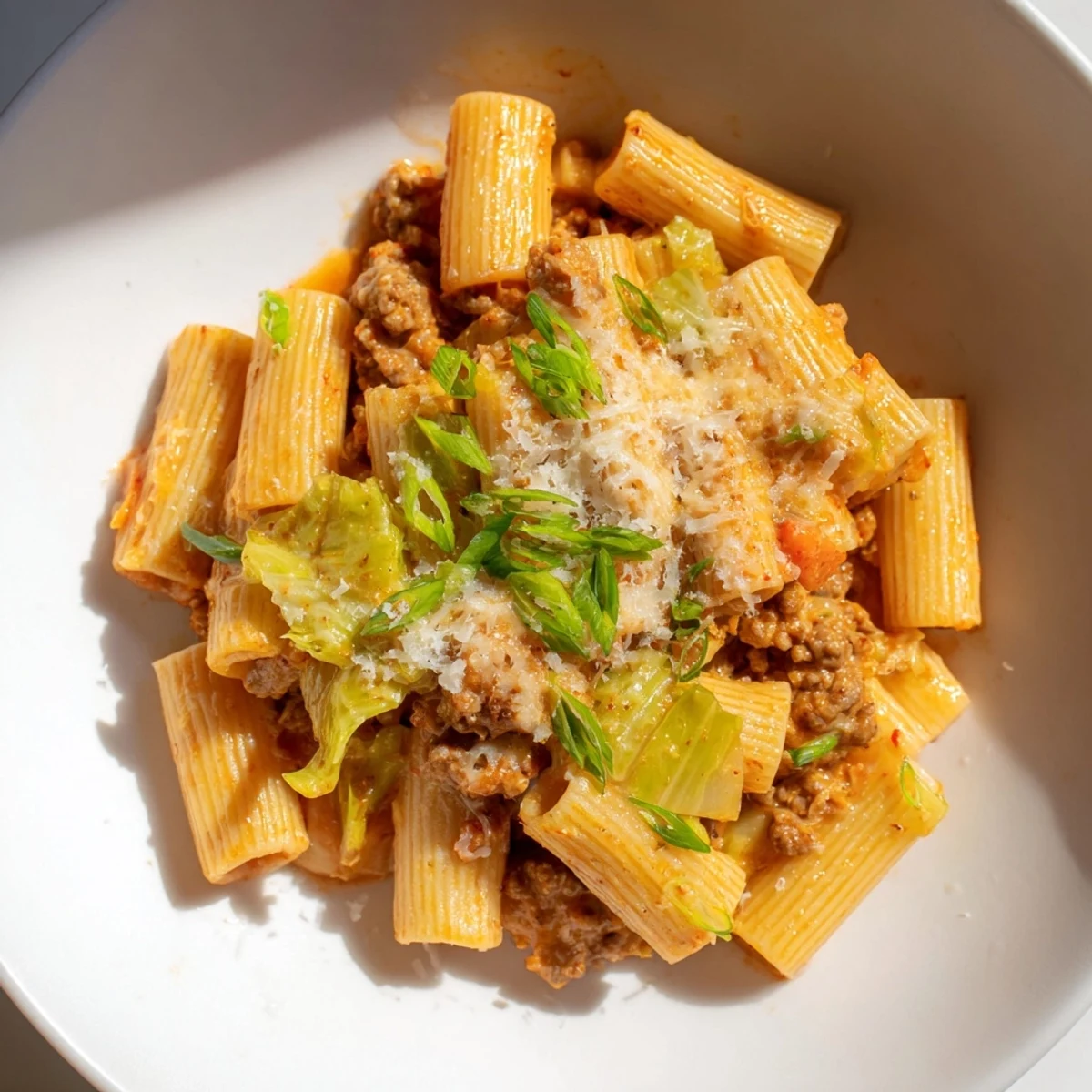 A close-up shot of the savory Chaos Cooking Kimchi Ragu Pasta, with rich red sauce coating the rigatoni noodles.