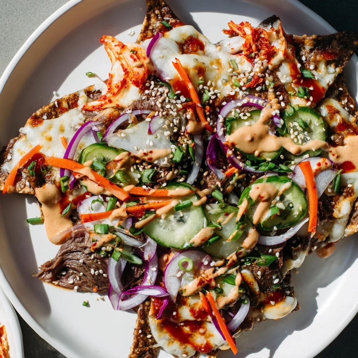 A delicious platter of Korean BBQ nachos overflowing with savory toppings, ready to eat.