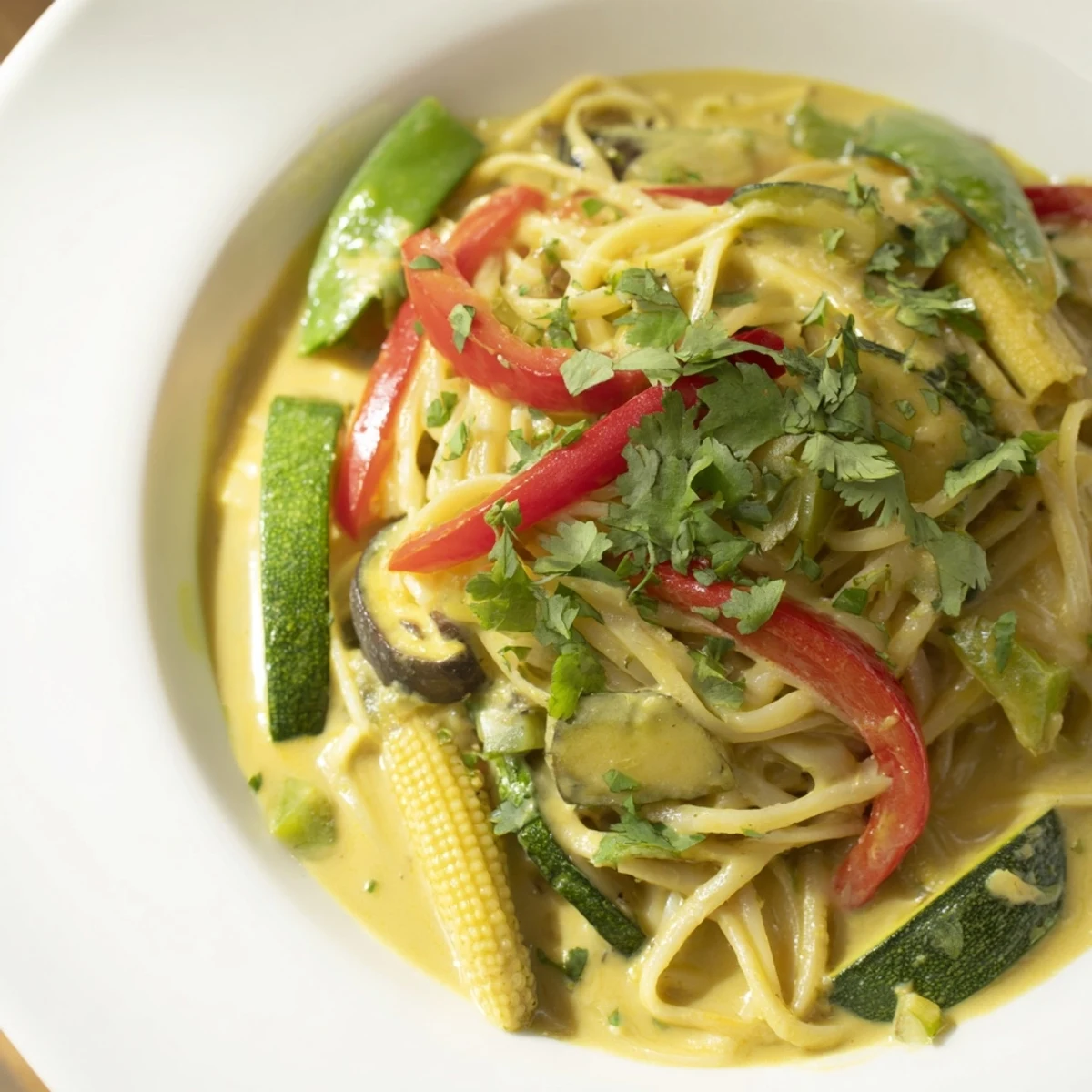 Creamy Thai Curry Pasta with colorful vegetables, offering a flavorful, satisfying vegetarian meal.