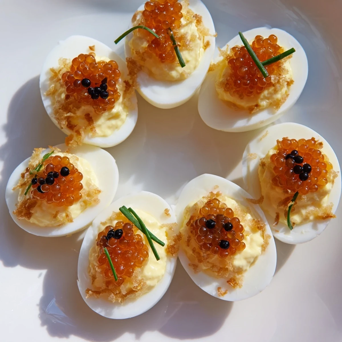 Elegant deviled eggs topped with glistening caviar and crunchy shallots, a refined appetizer.