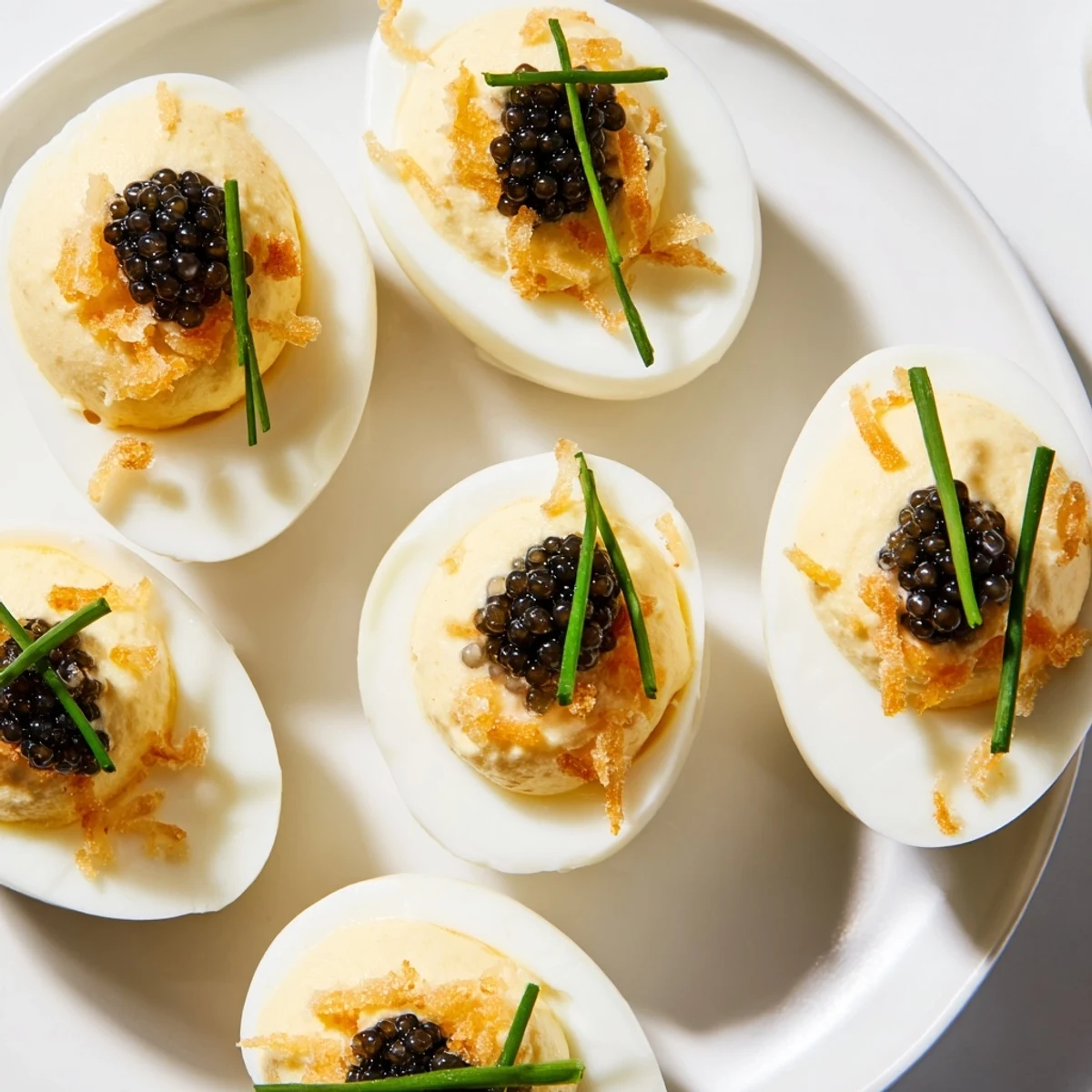 Creamy deviled eggs, delicately piped, adorned with luxurious caviar and crispy, golden shallots, ready to serve.