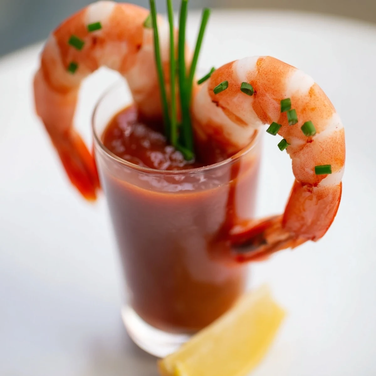 Retro Prawn Cocktail Shooters: Succulent shrimp with tangy cocktail sauce, garnished with lemon and fresh chives.