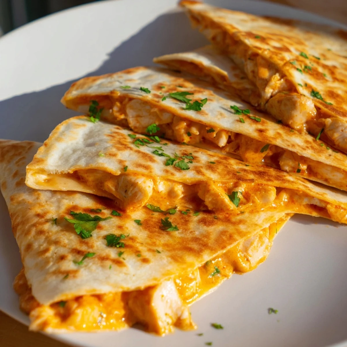 Golden, cheesy Butter Chicken Quesadillas sliced and ready to serve, a flavorful meal's highlight.