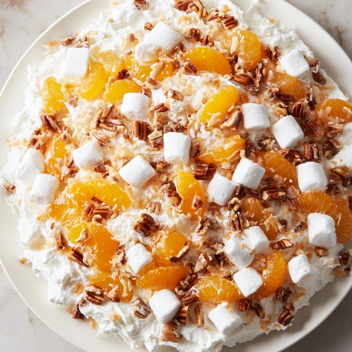 Elegant spoonful of Elevated Ambrosia Salad showcasing mandarin oranges, pecans, and bourbon-infused whipped cream.