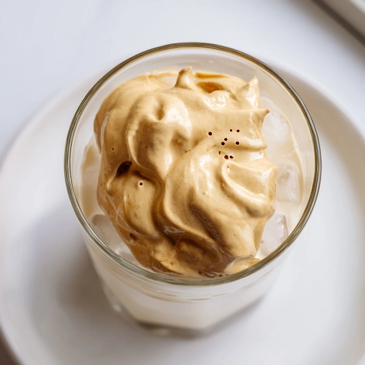 Fluffy whipped Dalgona coffee, a cloud of coffee on top of chilled milk, ready to drink.