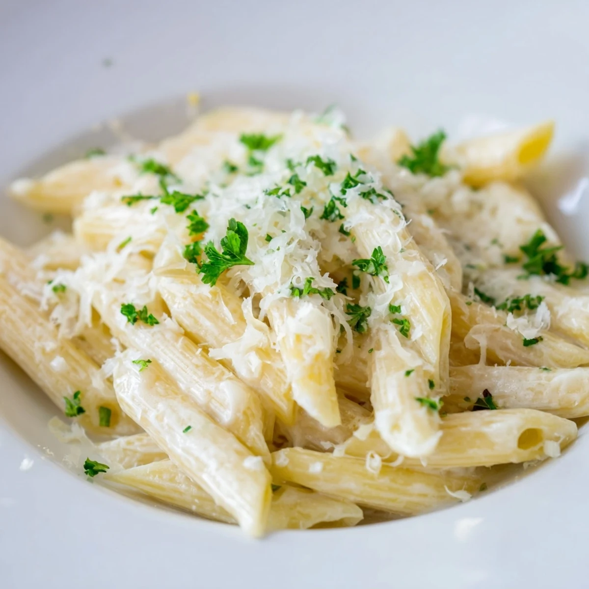A close-up of a bowl filled with comforting Creamy Milk Pasta garnished with fresh parsley. 