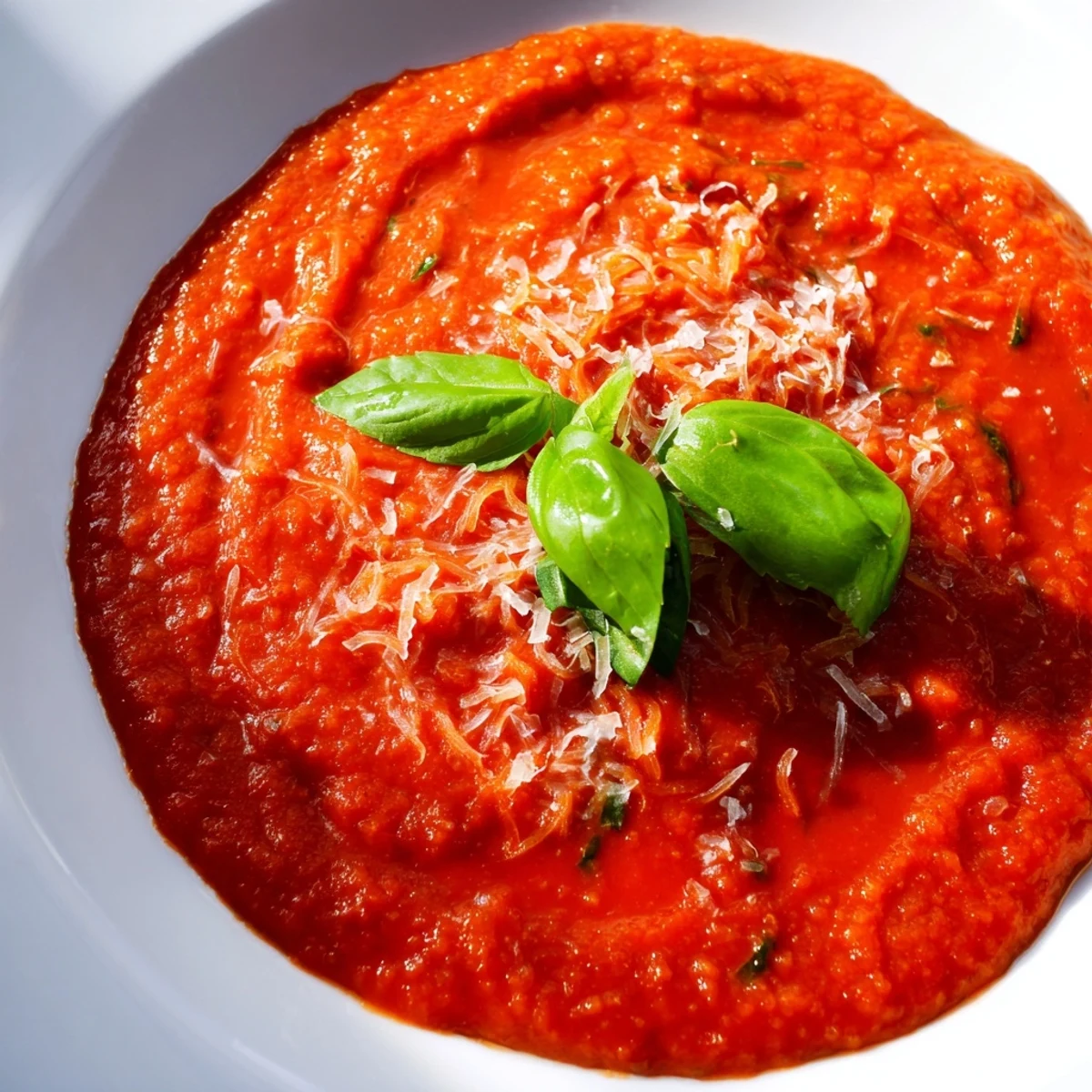 Smooth Hidden Veggie Tomato Pasta Sauce, rich red hue, ready to be served over pasta.