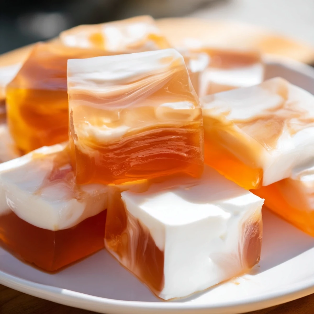 Creamy sweet topping cascading over refreshing coffee jelly dessert, a perfect Japanese treat.