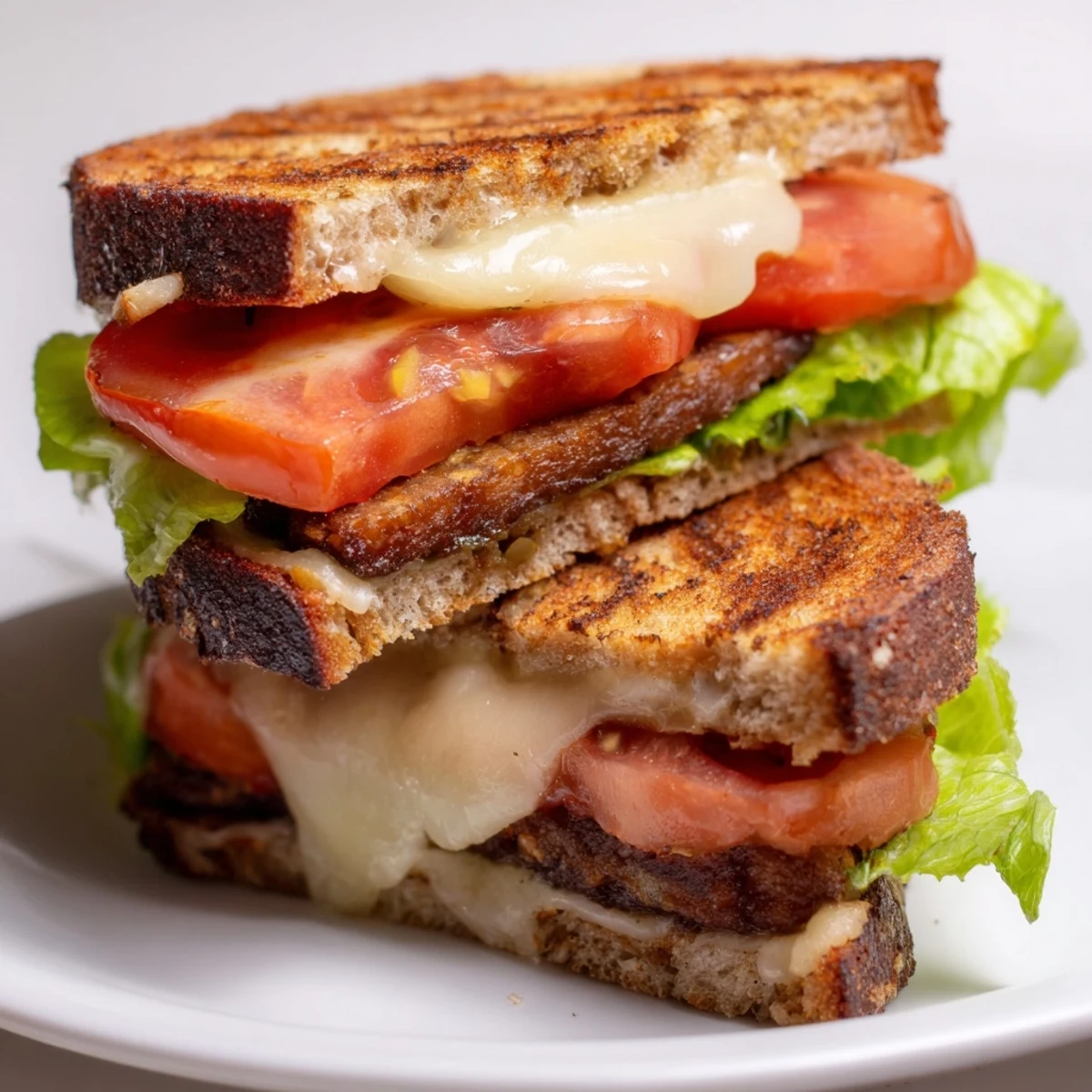 Close-up of a sliced Vegan Bacon BLT Grilled Cheese revealing layers of juicy tomato, crispy tempeh bacon, and melted dairy-free cheese.