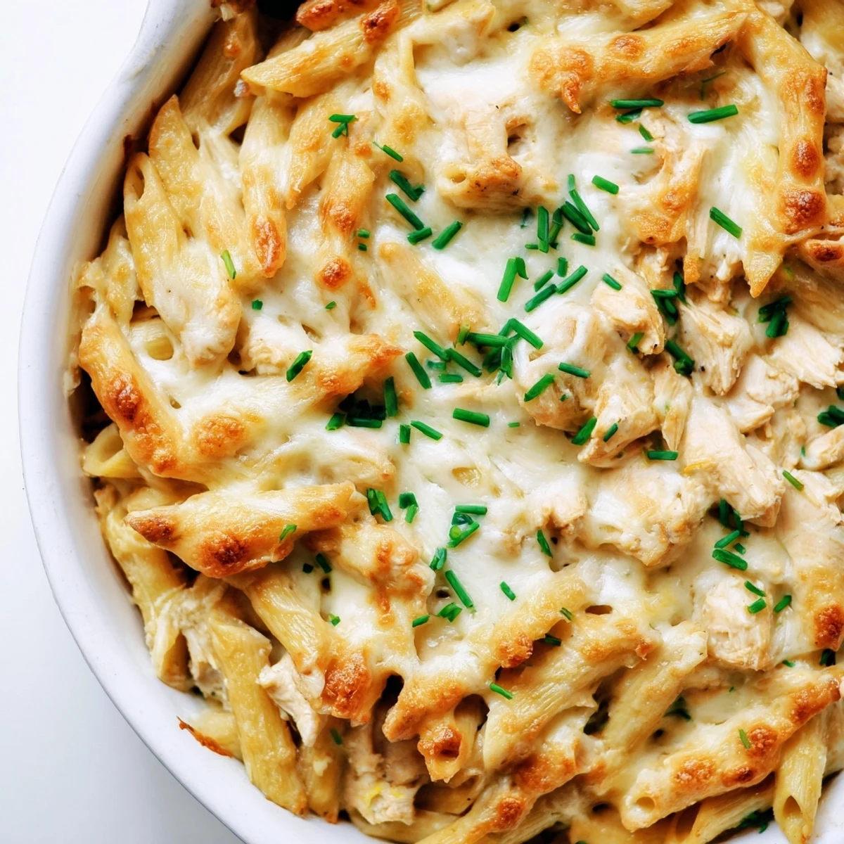 Golden-brown baked Chicken Ranch Pasta Bake with bubbly mozzarella, served in a rustic dish with fresh chives.