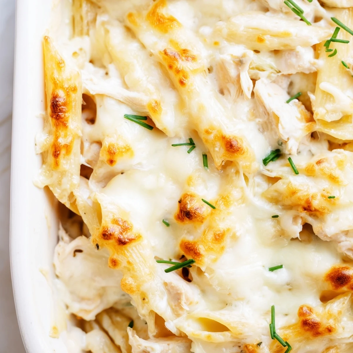 A close-up of the creamy Chicken Ranch Pasta Bake, featuring tender chicken and penne pasta covered in melted cheese.