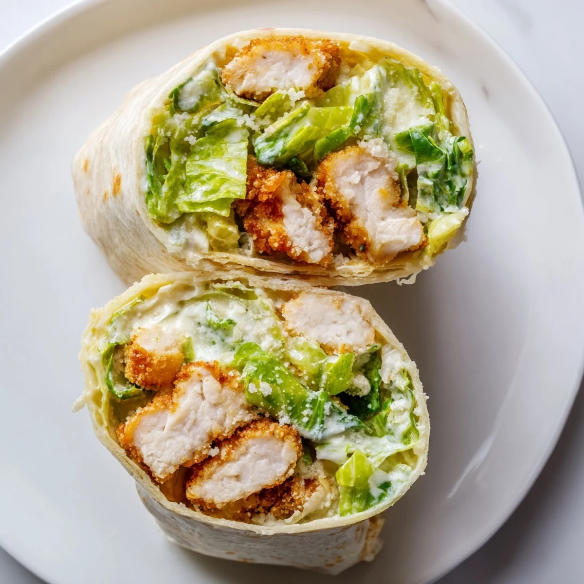 Golden-brown Crispy Chicken Caesar Wrap sliced in half, showcasing juicy chicken, fresh romaine, and creamy dressing inside a soft flour tortilla.
