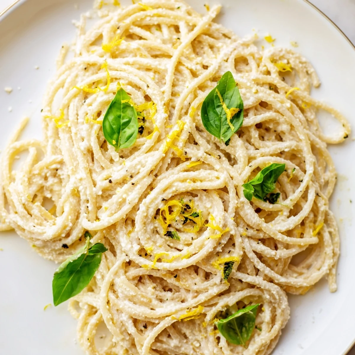 Bright and creamy Lemon Ricotta Pasta twirled in a bowl, garnished with fresh basil, lemon zest, and grated Parmesan cheese.