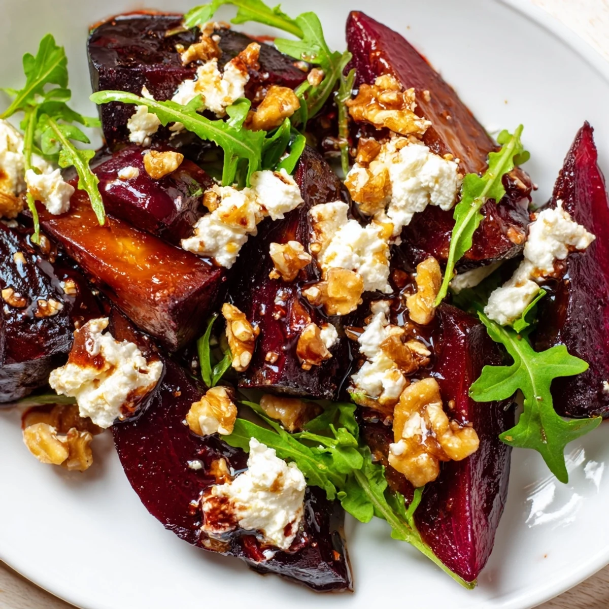 Roasted Beet Goat Cheese Salad with tender golden beets and creamy crumbles on a bed of peppery arugula.  