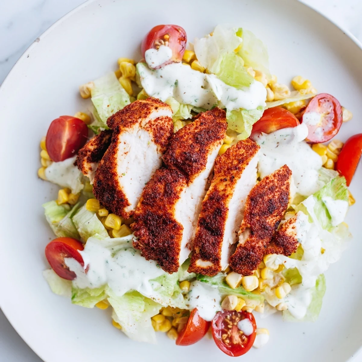 Grilled BBQ Chicken Salad showcases tender, saucy chicken on romaine with charred corn, black beans, and avocado slices, ideal for summer dinners.