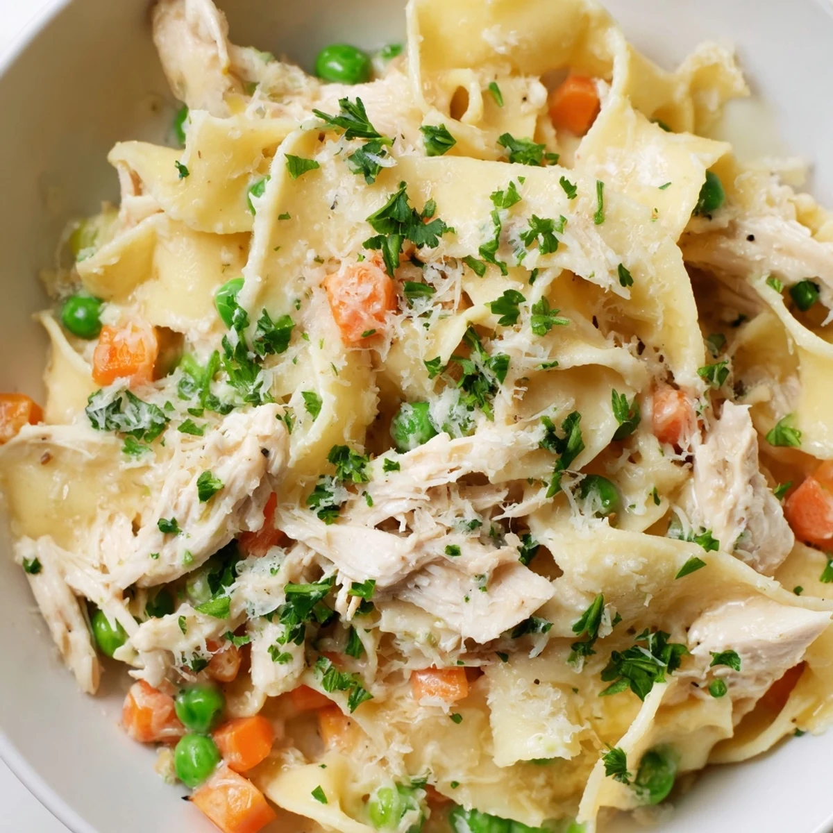 This vibrant Spring Chicken Noodle Skillet features tender shredded chicken and colorful vegetables coated in a creamy, light sauce served over al dente egg noodles.