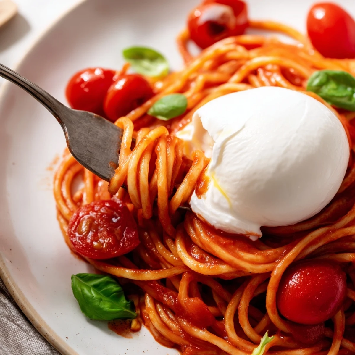 Al dente spaghetti tossed with juicy cherry tomatoes and fresh basil, topped with creamy burrata cheese that melts into the warm pasta.