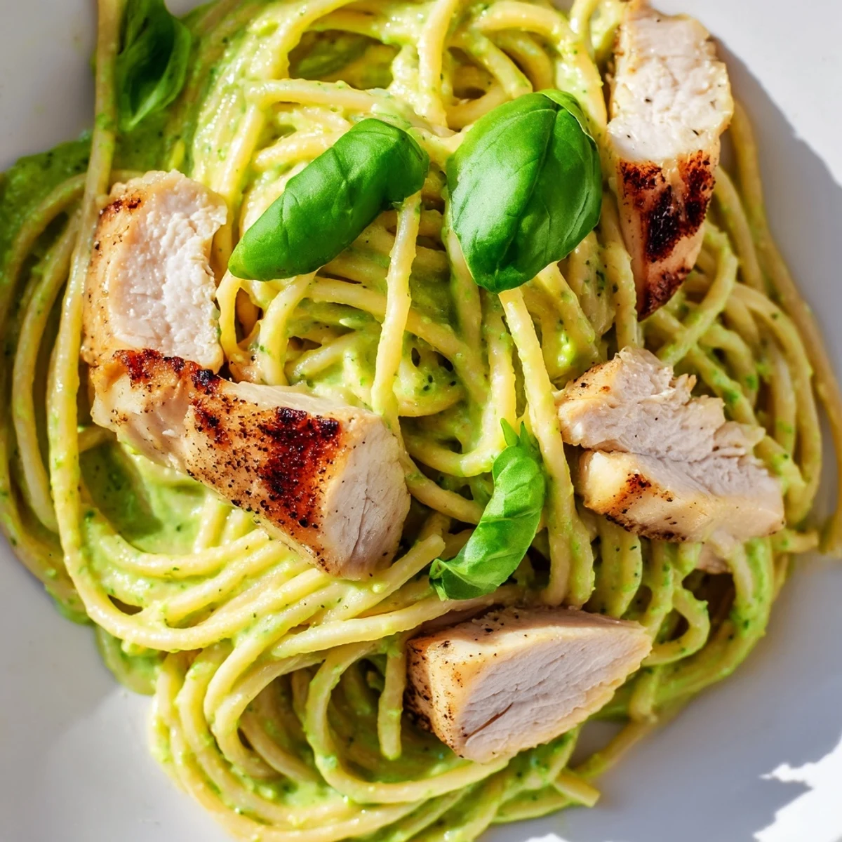 Creamy Avocado Chicken Pasta served warm with sliced grilled chicken, basil garnish, and a silky green sauce over spaghetti.