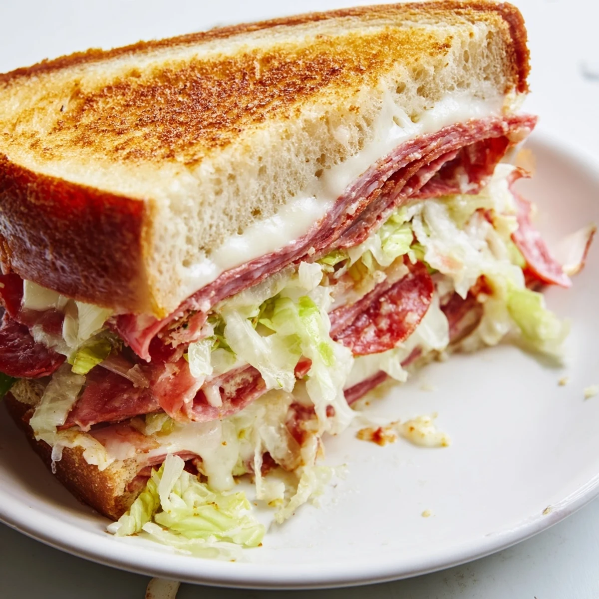 Grilled to perfection, this Italian Sub Grilled Cheese features melted cheese, savory meats, and a crisp lettuce topping.