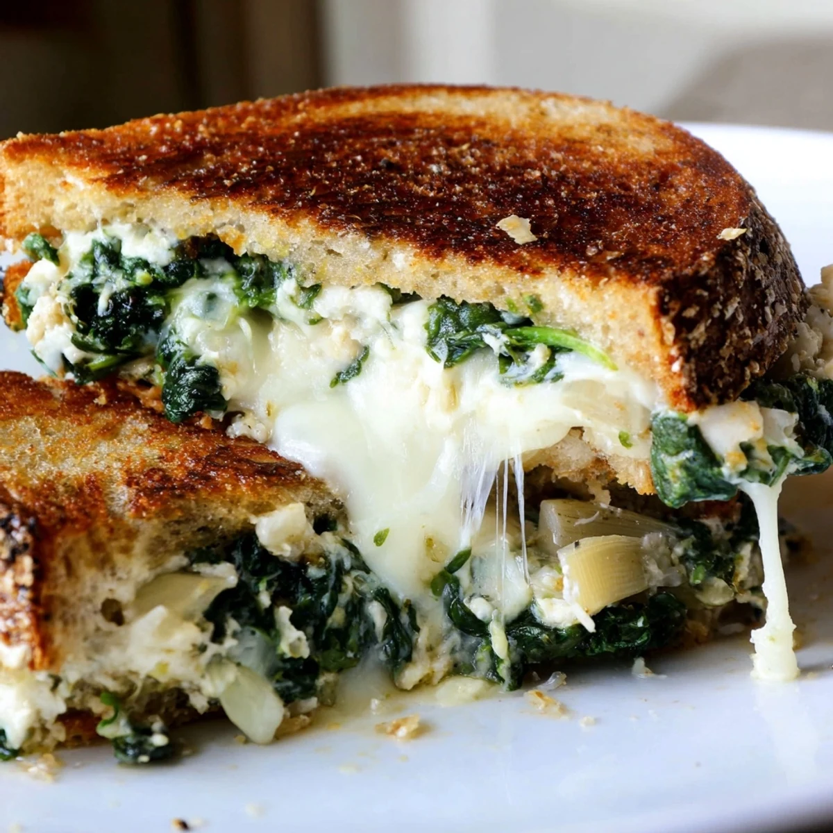 Golden, crispy sourdough slices encase melted cheese with creamy spinach and artichoke dip filling in this Artichoke Spinach Grilled Cheese.  
