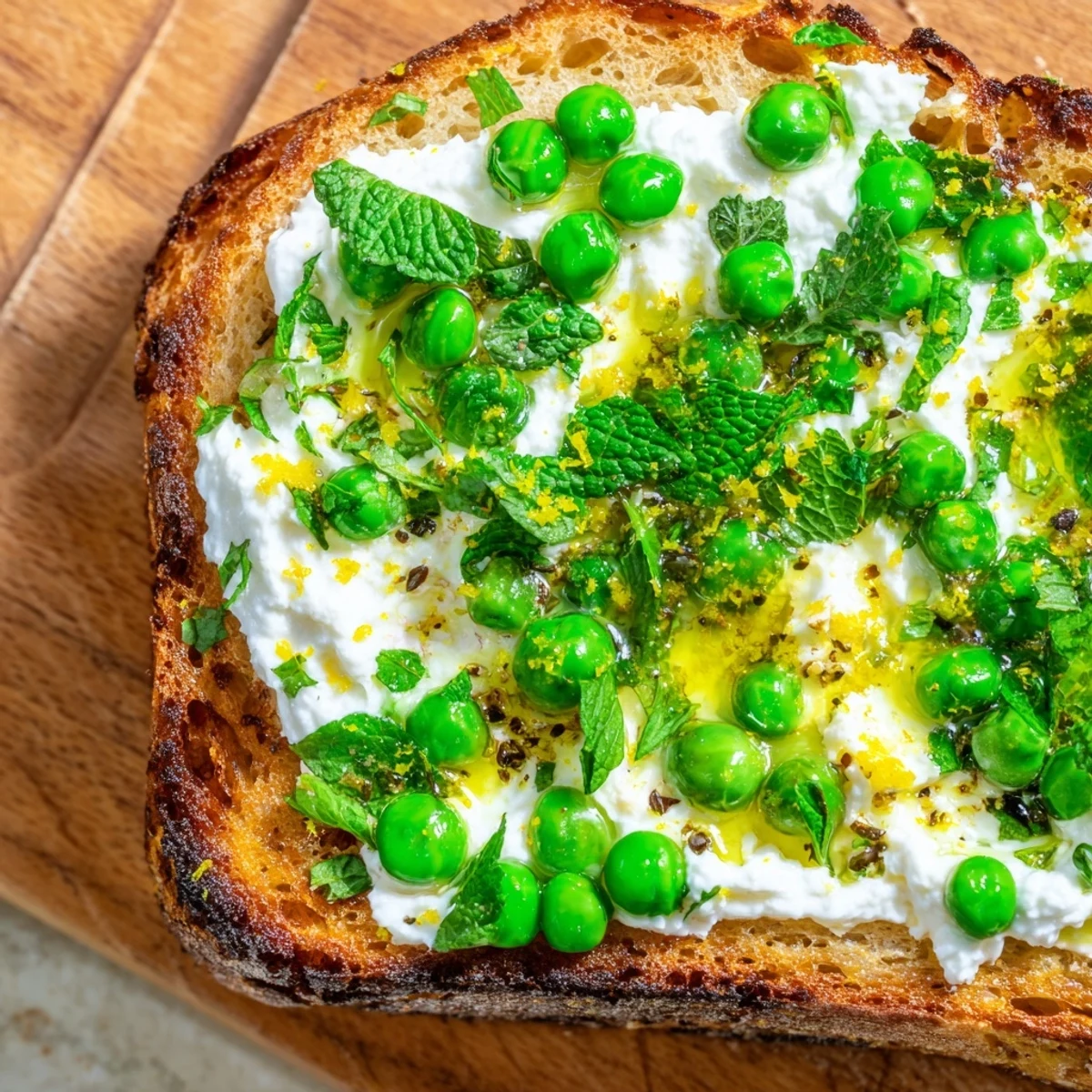 The vibrant Pea & Mint Ricotta Toast on a wooden board showcases creamy whipped ricotta and bright green peas topped with fresh mint and lemon zest.