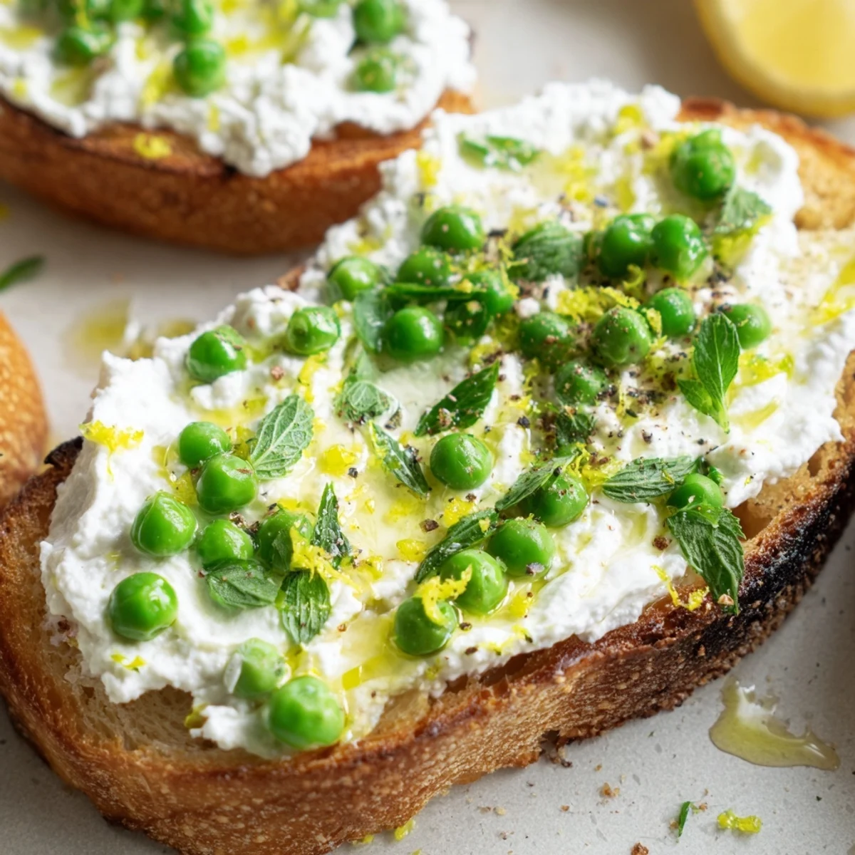 Close-up view of Pea & Mint Ricotta Toast, highlighting the texture of the crunchy sourdough, smooth ricotta, and vibrant fresh mint garnish.