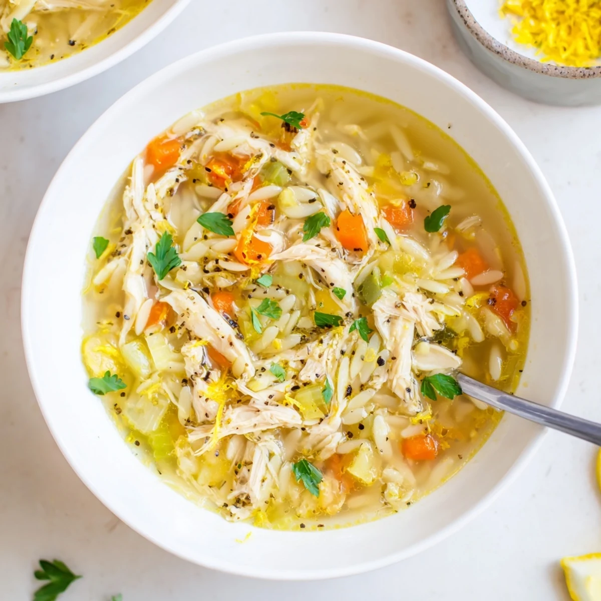 Freshly cooked Lemon Pepper Chicken Orzo Soup in a rustic bowl with steam rising.  