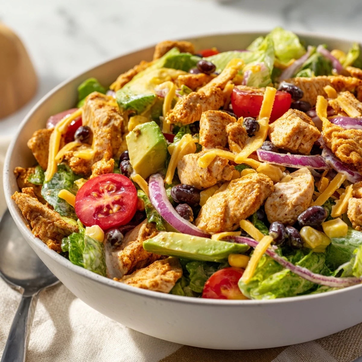 Freshly chopped Chicken Taco Chopped Salad piled high in a rustic bowl with vibrant colors.  